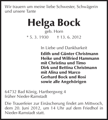 Traueranzeige von Helga Bock von Echo-Zeitungen (Gesamtausgabe)