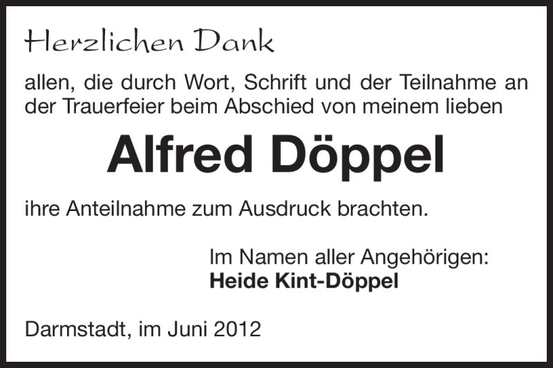  Traueranzeige für Alfred Döppel vom 23.06.2012 aus Echo-Zeitungen (Gesamtausgabe)