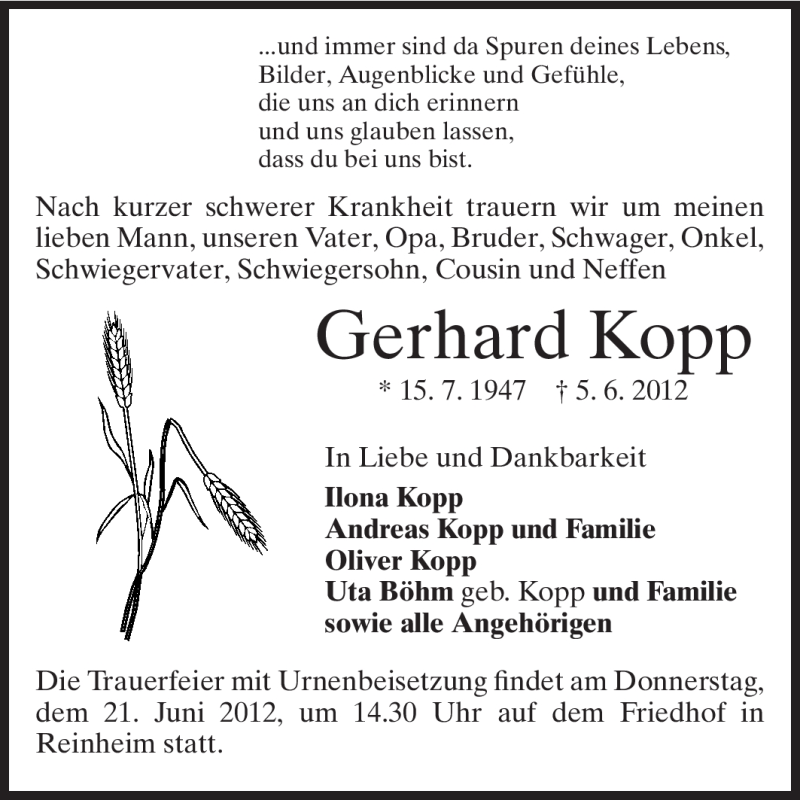  Traueranzeige für Gerhard Kopp vom 18.06.2012 aus Echo-Zeitungen (Gesamtausgabe)