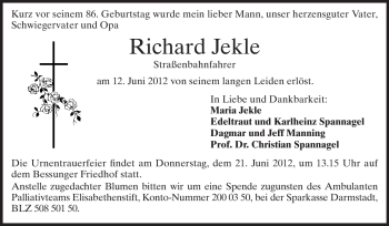 Traueranzeige von Richard Jekle von Echo-Zeitungen (Gesamtausgabe)