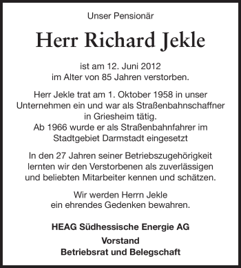 Traueranzeige von Richard Jekle von Echo-Zeitungen (Gesamtausgabe)