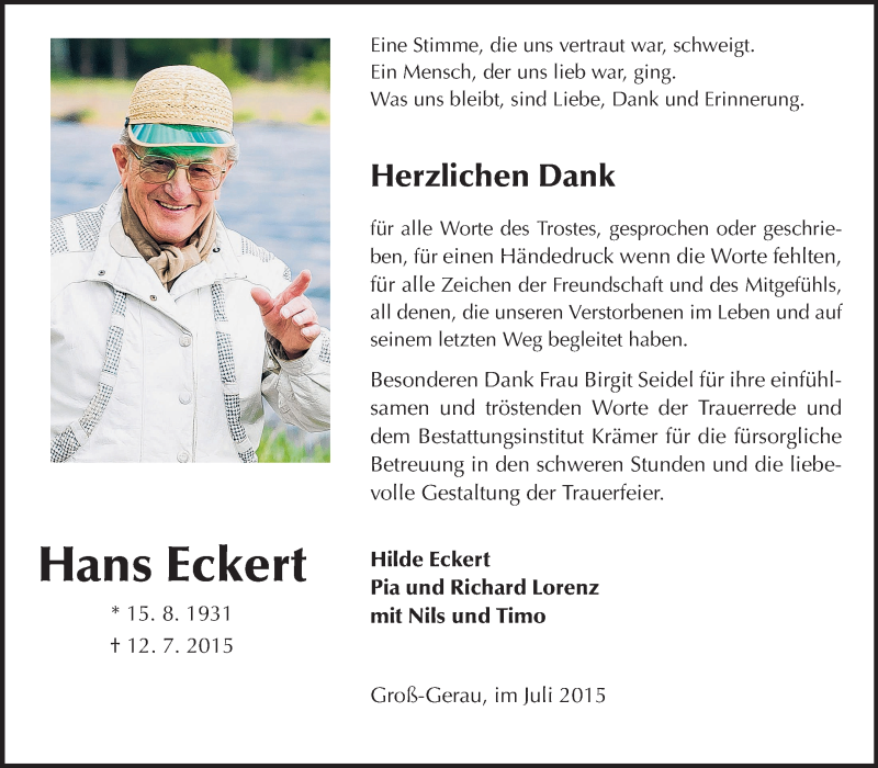  Traueranzeige für Hans Eckert vom 29.07.2015 aus Rüsselsheimer Echo, Groß-Gerauer-Echo, Ried Echo