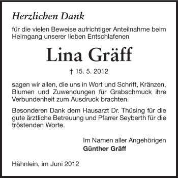 Traueranzeige von Lina Gräff von Echo-Zeitungen (Gesamtausgabe)