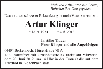 Traueranzeige von Artur Klinger von Echo-Zeitungen (Gesamtausgabe)