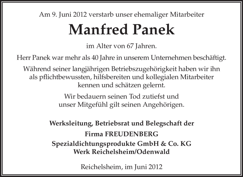  Traueranzeige für Manfred Panek vom 16.06.2012 aus Odenwälder Echo