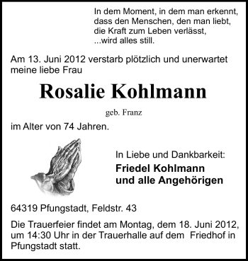 Traueranzeige von Rosalie Kohlmann von Echo-Zeitungen (Gesamtausgabe)