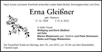 Traueranzeige von Erna Gleißner von Echo-Zeitungen (Gesamtausgabe)
