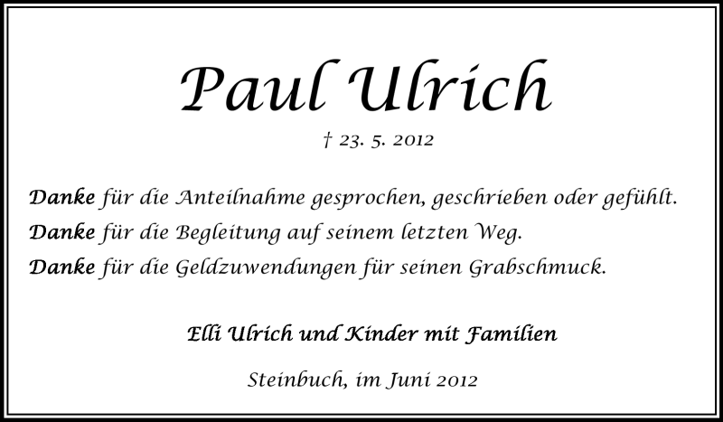  Traueranzeige für Paul Ulrich vom 16.06.2012 aus Echo-Zeitungen (Gesamtausgabe)