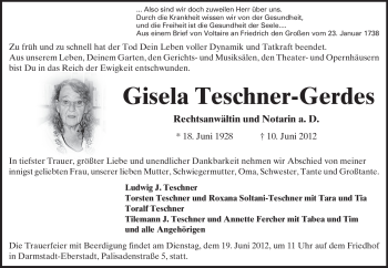Traueranzeige von Gisela Teschner-Gerdes von Darmstädter Echo, Odenwälder Echo, Rüsselsheimer Echo, Groß-Gerauer-Echo, Ried Echo