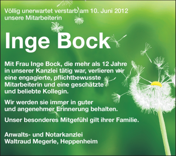 Traueranzeige von Inge Bock von Starkenburger Echo
