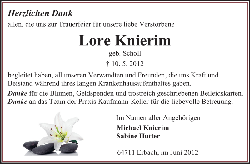  Traueranzeige für Lore Knierim vom 16.06.2012 aus Odenwälder Echo