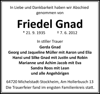 Traueranzeige von Friedel Gnad von Echo-Zeitungen (Gesamtausgabe)