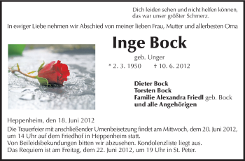 Traueranzeige von Inge Bock von Starkenburger Echo