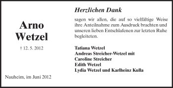 Traueranzeige von Arno Wetzel von Rüsselsheimer Echo, Groß-Gerauer-Echo, Ried Echo
