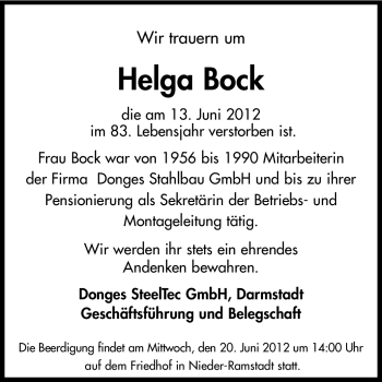 Traueranzeige von Helga Bock von Echo-Zeitungen (Gesamtausgabe)