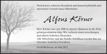 Traueranzeige von Alfons Körner von Echo-Zeitungen (Gesamtausgabe)