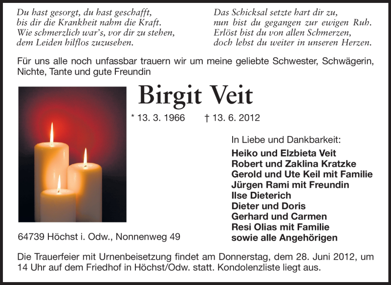  Traueranzeige für Birgit Veit vom 20.06.2012 aus Odenwälder Echo