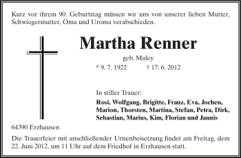 Traueranzeige von Martha Renner von Echo-Zeitungen (Gesamtausgabe)