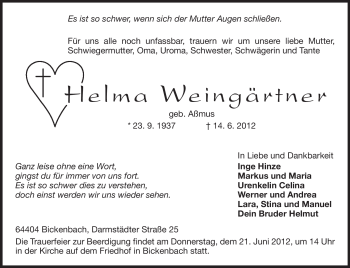 Traueranzeige von Helma Weingärtner von Echo-Zeitungen (Gesamtausgabe)