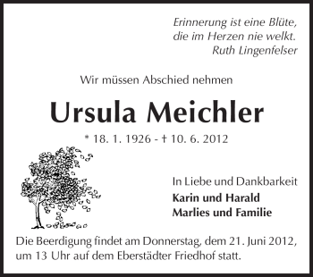 Traueranzeige von Ursula Meichler von Echo-Zeitungen (Gesamtausgabe)