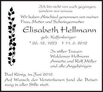 Traueranzeige von Elisabeth Hellmann von Odenwälder Echo