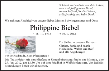 Traueranzeige von Philippine Biebel von Rüsselsheimer Echo, Groß-Gerauer-Echo, Ried Echo