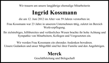 Traueranzeige von Ingrid Kossmann von Echo-Zeitungen (Gesamtausgabe)