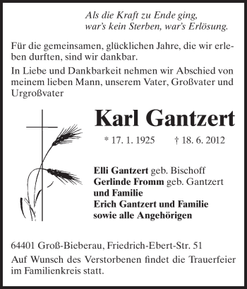 Traueranzeige von Karl Gantzert von Echo-Zeitungen (Gesamtausgabe)
