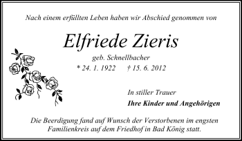 Traueranzeige von Elfriede Zieris von Odenwälder Echo