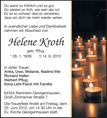 Traueranzeige von Helene Kroth von Echo-Zeitungen (Gesamtausgabe)
