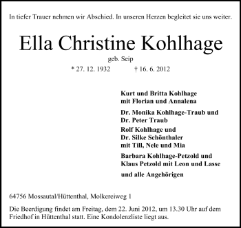 Traueranzeige von Ella Christine Kohlhage von Odenwälder Echo