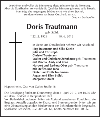 Traueranzeige von Doris Trautmann von Starkenburger Echo, Bergsträßer Anzeiger