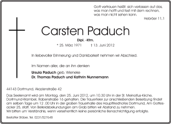 Traueranzeige von Carsten Paduch von Echo-Zeitungen (Gesamtausgabe)