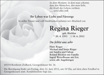 Traueranzeige von Regina Rieger von Echo-Zeitungen (Gesamtausgabe)