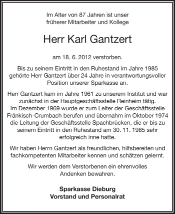 Traueranzeige von Karl Gantzert von Echo-Zeitungen (Gesamtausgabe)
