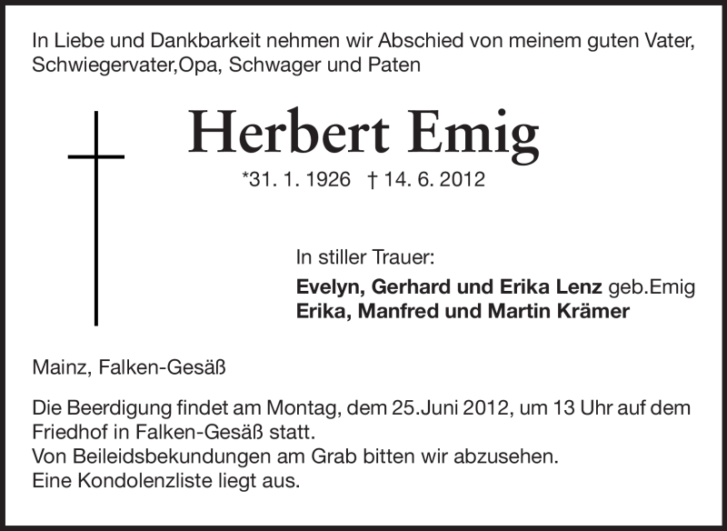 Traueranzeige für Herbert Emig vom 21.06.2012 aus Odenwälder Echo