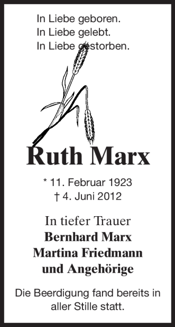 Traueranzeige von Ruth Marx von Echo-Zeitungen (Gesamtausgabe)