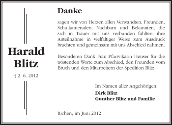 Traueranzeige von Harald Blitz von Echo-Zeitungen (Gesamtausgabe)