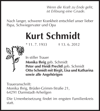 Traueranzeige von Kurt Schmidt von Echo-Zeitungen (Gesamtausgabe)