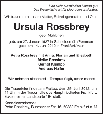 Traueranzeige von Ursula Rossbrey von Echo-Zeitungen (Gesamtausgabe)