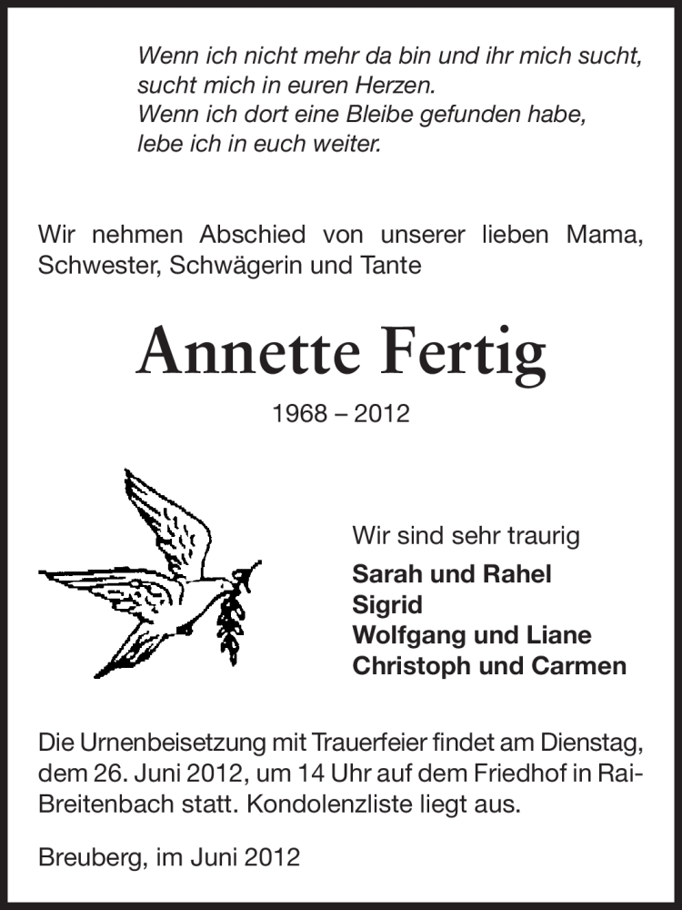  Traueranzeige für Annette Fertig vom 23.06.2012 aus Odenwälder Echo