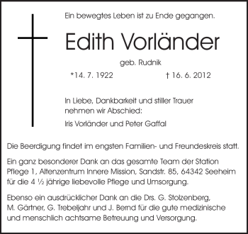 Traueranzeige von Edith Vorländer von Darmstädter Echo, Odenwälder Echo, Rüsselsheimer Echo, Groß-Gerauer-Echo, Ried Echo