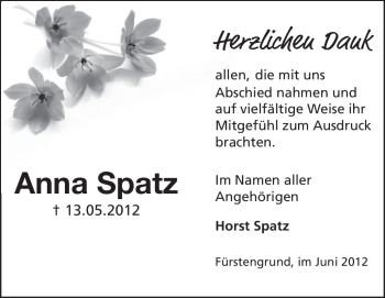 Traueranzeige von Anna Spatz von Odenwälder Echo