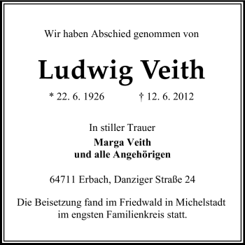 Traueranzeige von Ludwig Veith von Echo-Zeitungen (Gesamtausgabe)