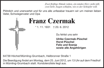 Traueranzeige von Franz Czermak von Odenwälder Echo