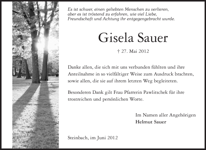  Traueranzeige für Gisela Sauer vom 22.06.2012 aus Odenwälder Echo