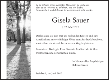 Traueranzeige von Gisela Sauer von Odenwälder Echo