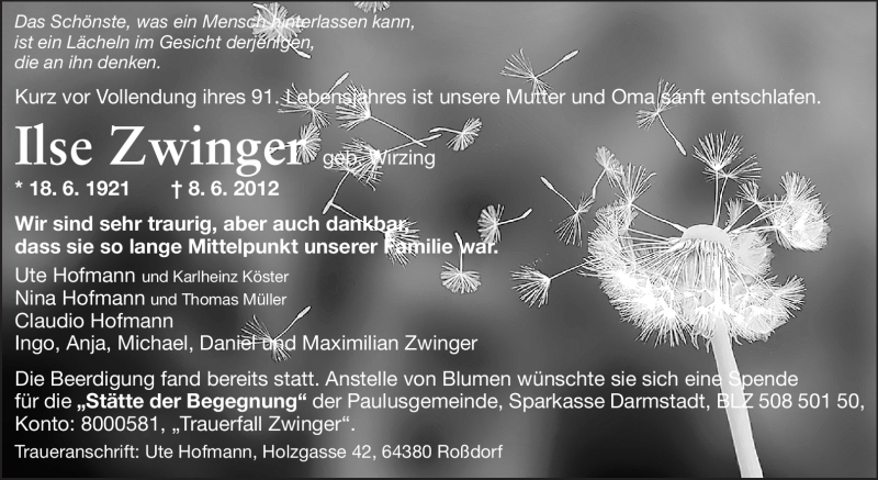  Traueranzeige für Ilse Zwinger vom 23.06.2012 aus Echo-Zeitungen (Gesamtausgabe)