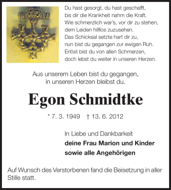 Traueranzeige von Egon Schmidtke von Echo-Zeitungen (Gesamtausgabe)