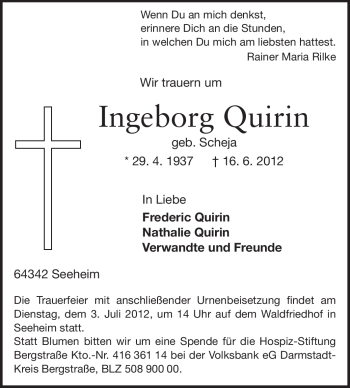 Traueranzeige von Ingeborg Quirin von Echo-Zeitungen (Gesamtausgabe)